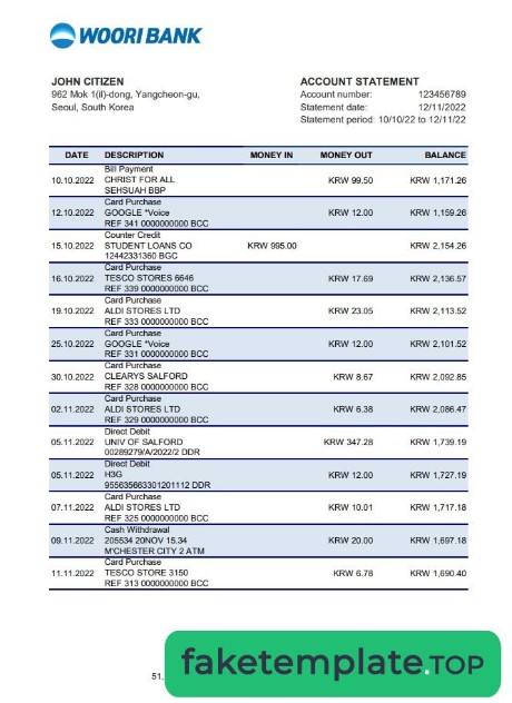 Feature of fake South Korea Woori bank statement xls